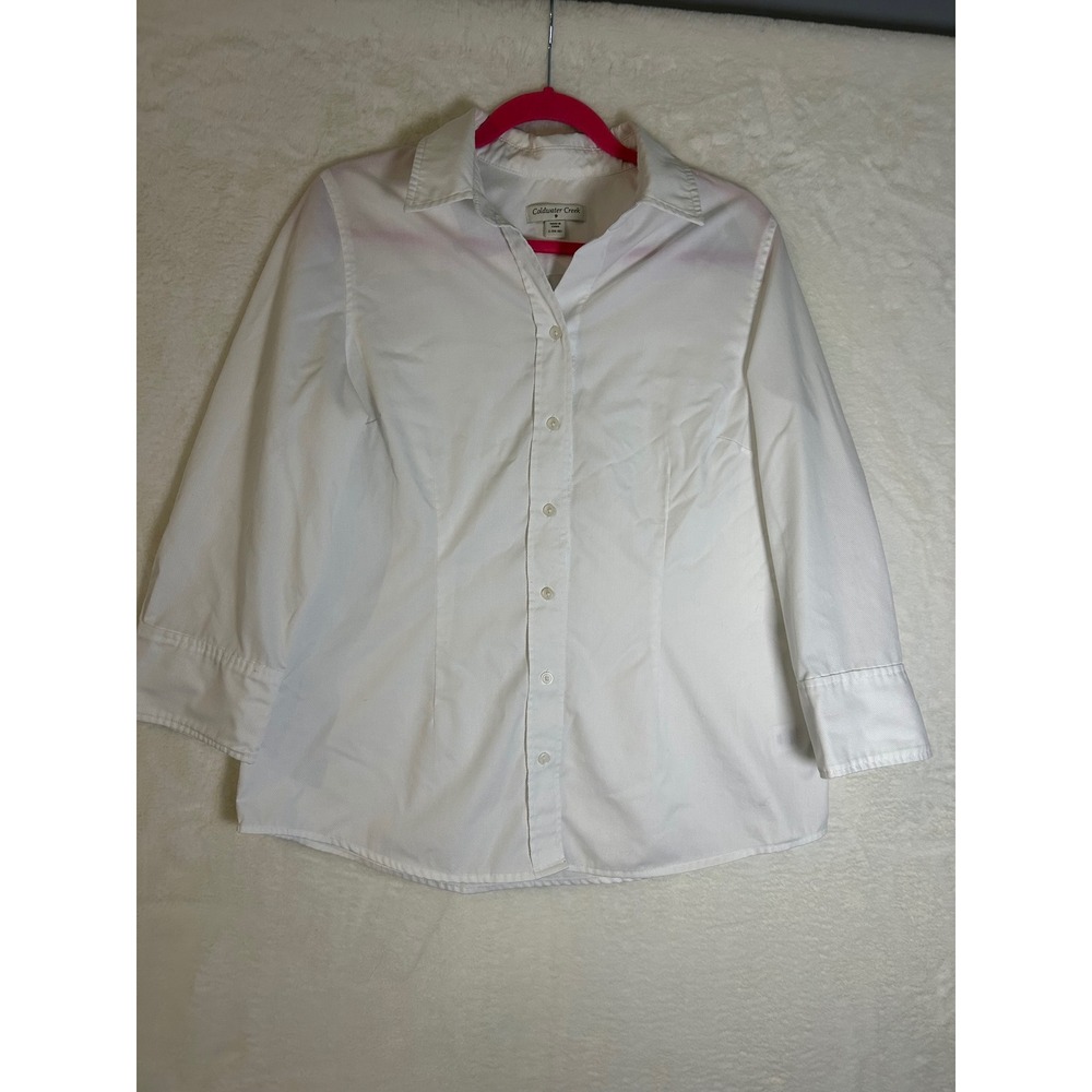Coldwater Creek White Button Up Shirt 3/4 Sleeve Cotton Blend Twill Womens Large